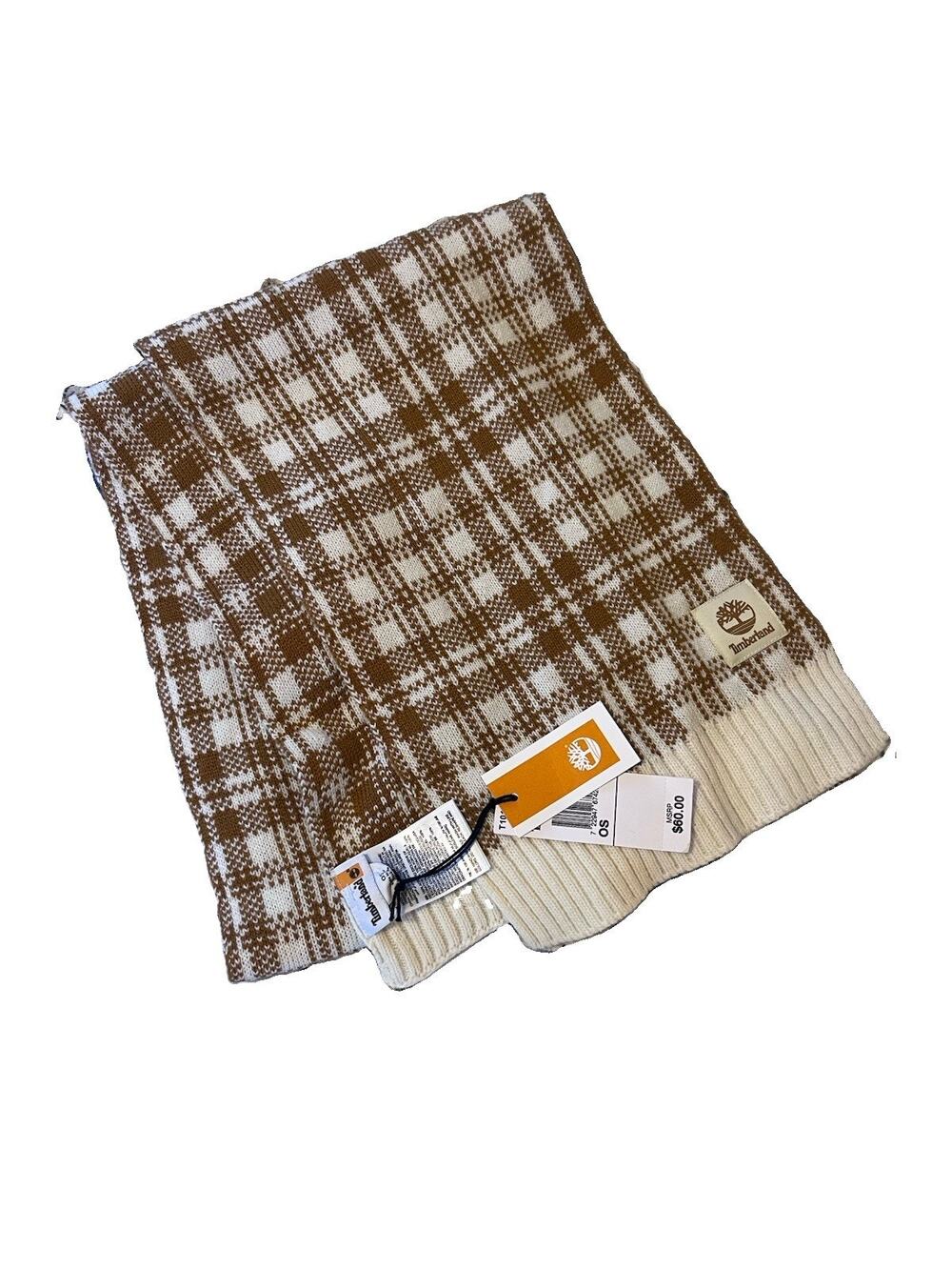 NWT Timberland Buffalo Plaid Knit Scarf – Wheat Tan & Cream Cozy Winter Scarf